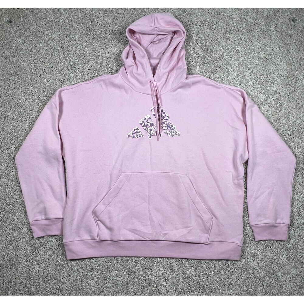 Adidas Floral Logo Hoodie 2XL Pink Fleece Pullover Sweatshirt NWT